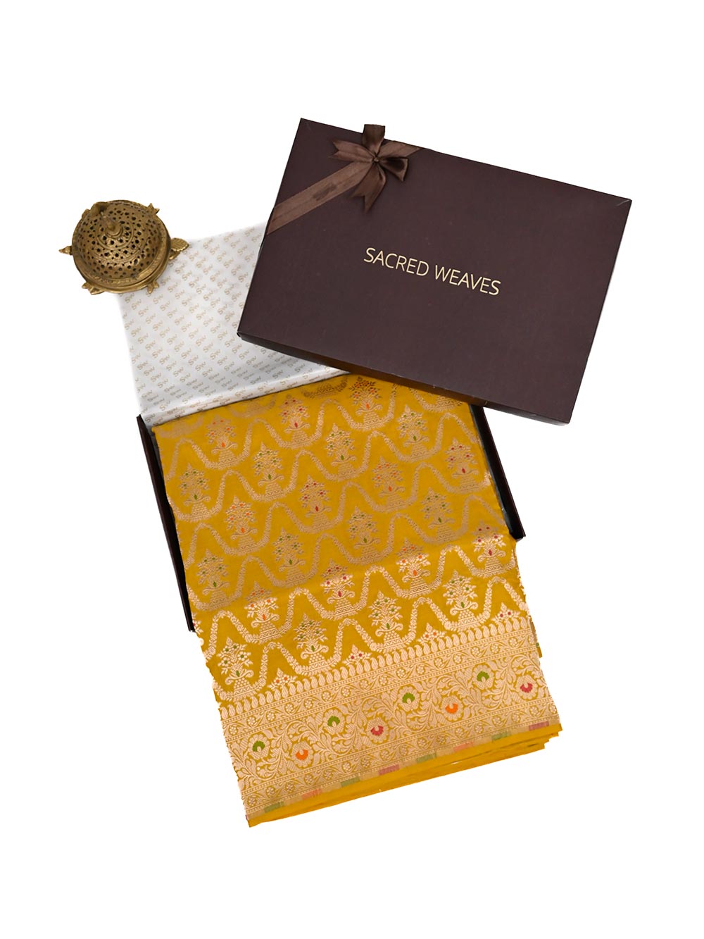 Yellow Meenakari Uppada Katan Silk Handloom Banarasi Saree - Gift Box - Sacred Weaves