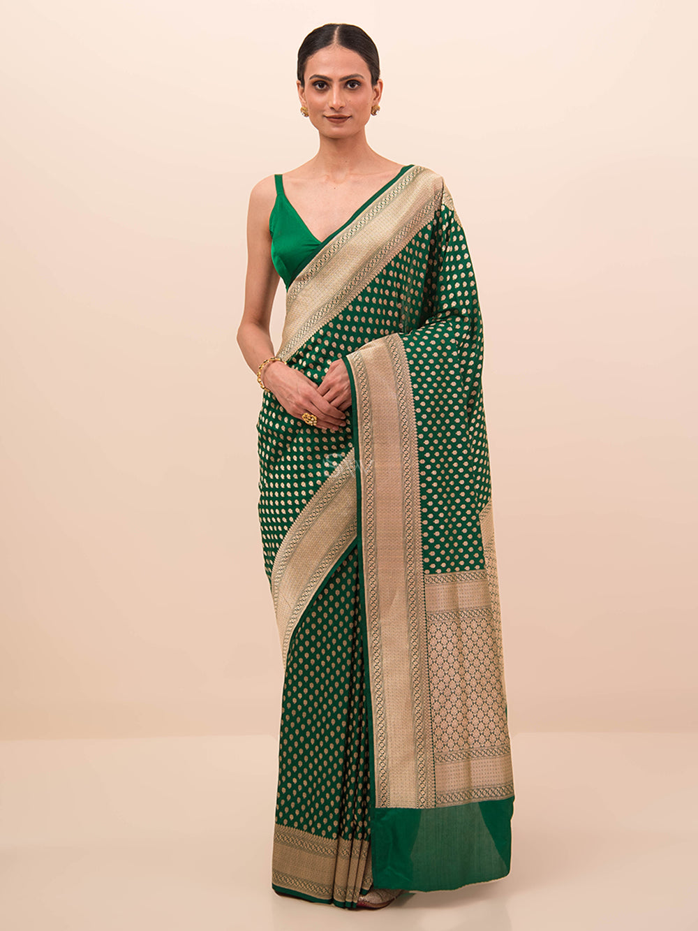 Bottle Green Booti Uppada Katan Silk Handloom Banarasi Saree - Sacred Weaves