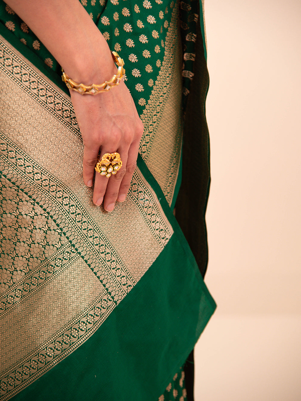 Bottle Green Booti Uppada Katan Silk Handloom Banarasi Saree - Sacred Weaves