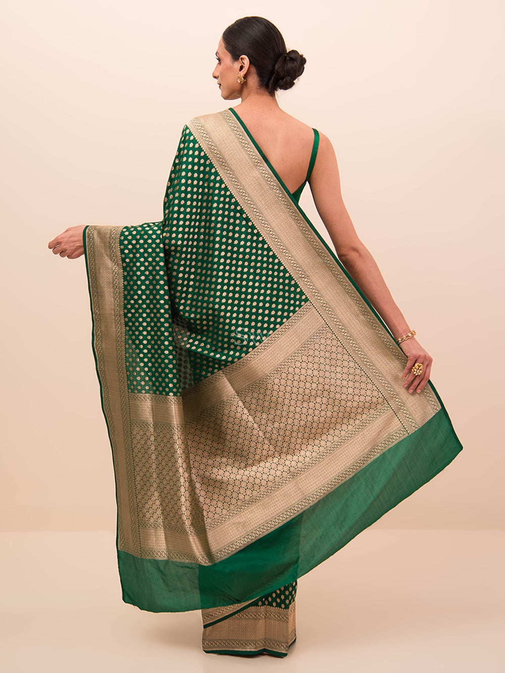 Bottle Green Booti Uppada Katan Silk Handloom Banarasi Saree - Sacred Weaves