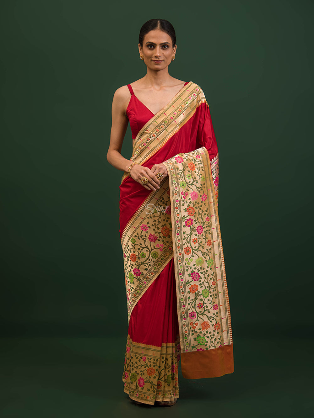 Red Paithani Katan Silk Handloom Banarasi Saree - Sacred Weaves