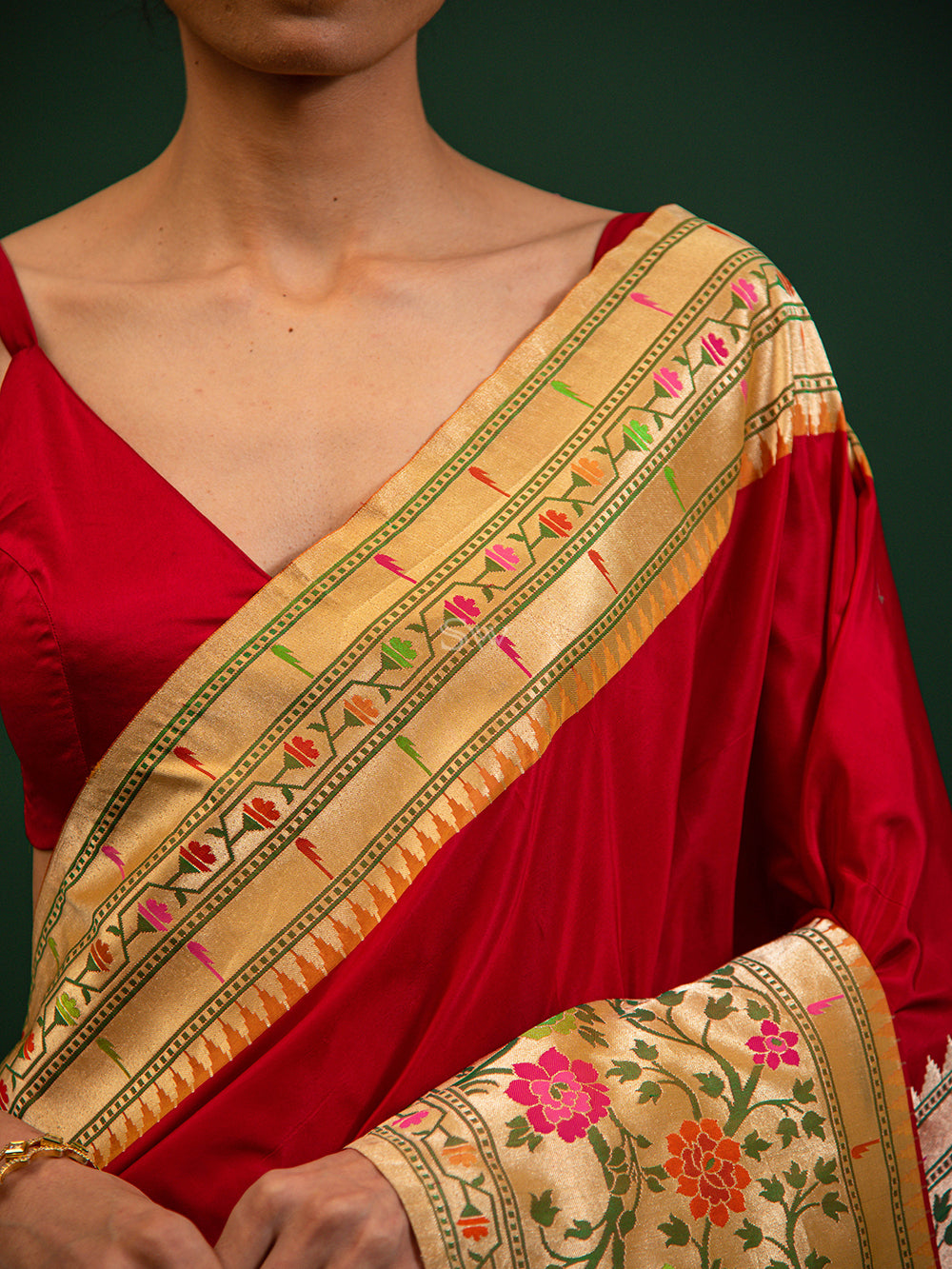 Red Paithani Katan Silk Handloom Banarasi Saree - Sacred Weaves