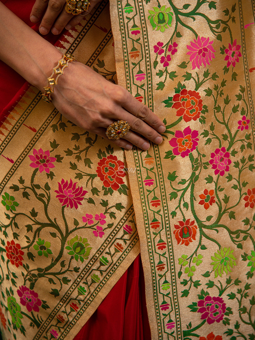 Red Paithani Katan Silk Handloom Banarasi Saree - Sacred Weaves