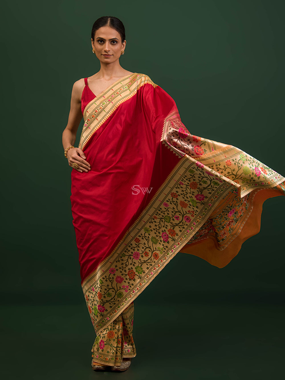 Red Paithani Katan Silk Handloom Banarasi Saree - Sacred Weaves