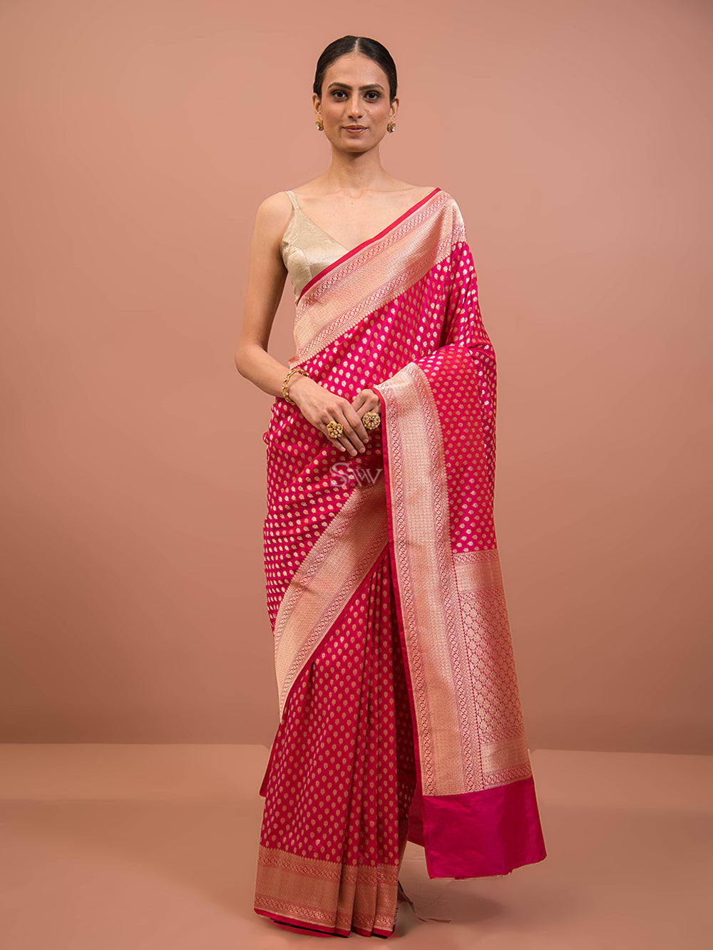 Magenta Orange Booti Katan Silk Uppada Handloom Banarasi Saree - Sacred Weaves