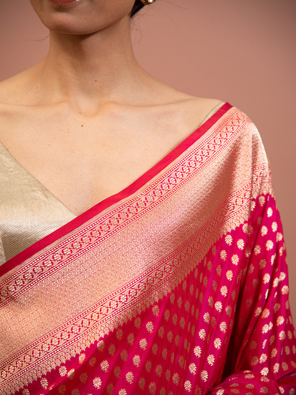 Magenta Red Booti Katan Silk Uppada Handloom Banarasi Saree