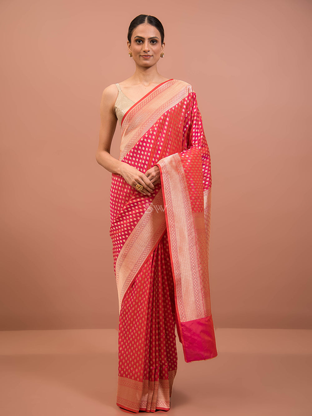 Pink Orange Booti Katan Silk Uppada Handloom Banarasi Saree - Sacred Weaves