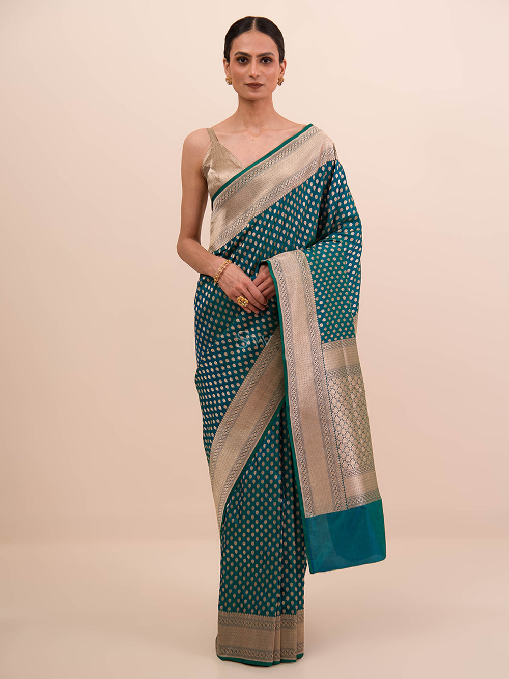 Peacock Green Booti Katan Silk Uppada Handloom Banarasi Saree - Sacred Weaves