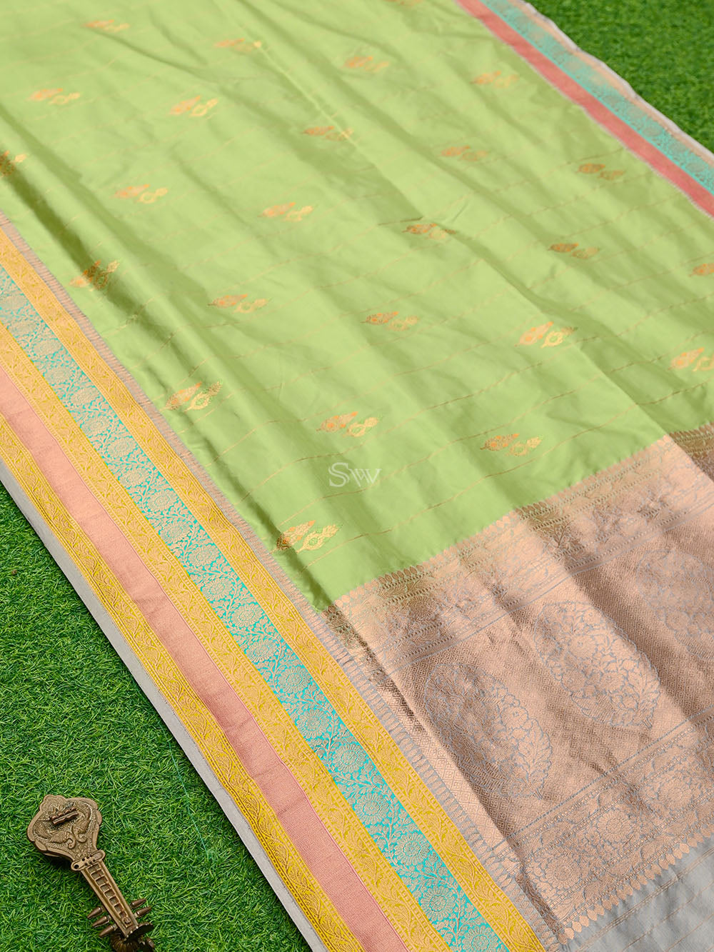 Pastel Green Meenakari Boota Katan Silk Handloom Banarasi Saree - Sacred Weaves