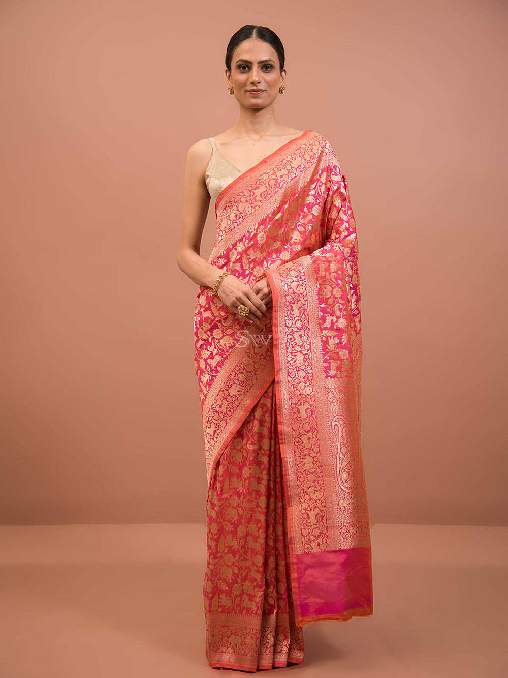 Pink Orange Shikargah Katan Silk Handloom Banarasi Saree - Sacred Weaves