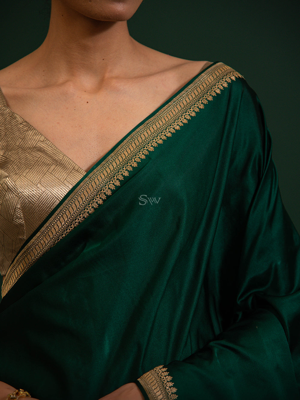 Bottle Green Konia Satin Silk Handloom Banarasi Saree - Sacred Weaves