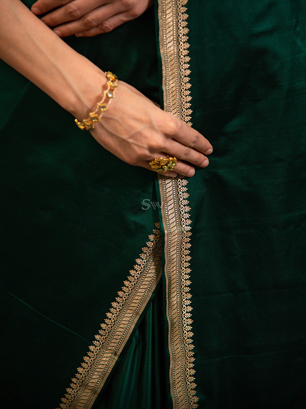 Bottle Green Konia Satin Silk Handloom Banarasi Saree - Sacred Weaves