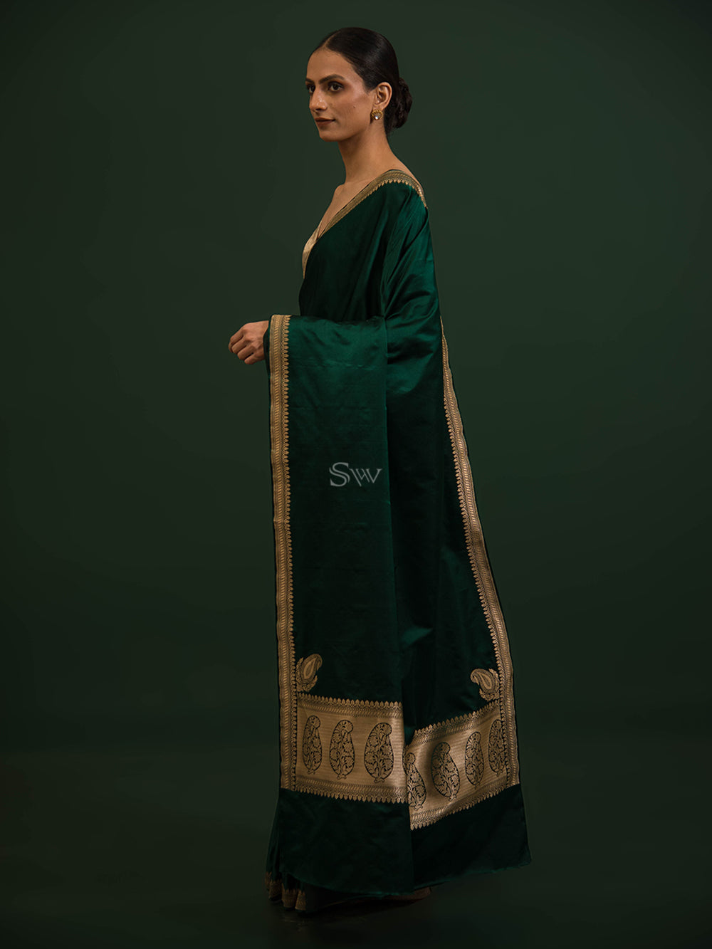 Bottle Green Konia Satin Silk Handloom Banarasi Saree - Sacred Weaves