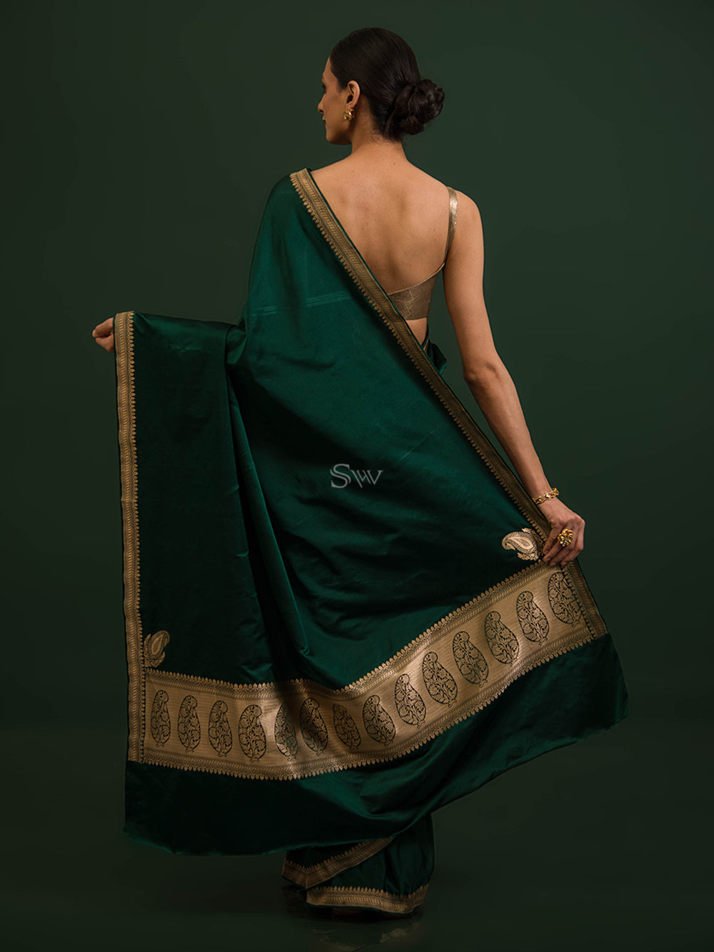 Bottle Green Konia Satin Silk Handloom Banarasi Saree - Sacred Weaves