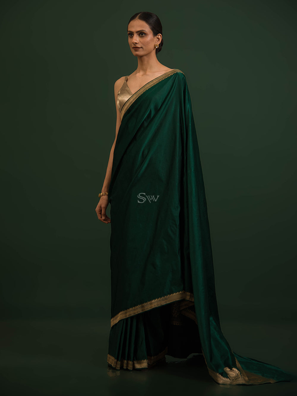 Bottle Green Konia Satin Silk Handloom Banarasi Saree - Sacred Weaves