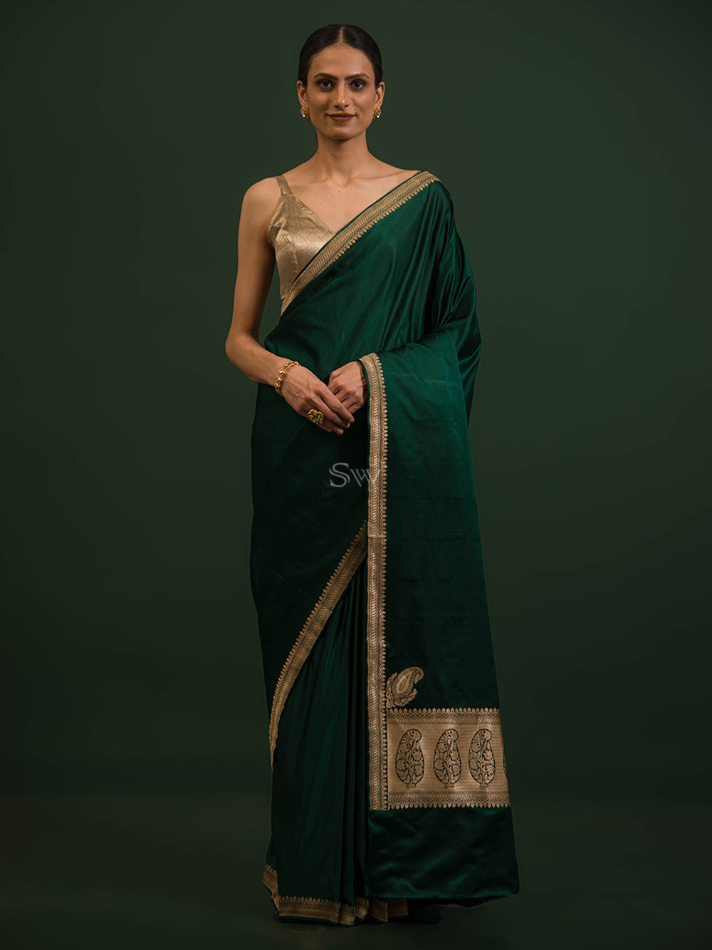 Bottle Green Konia Satin Silk Handloom Banarasi Saree - Sacred Weaves