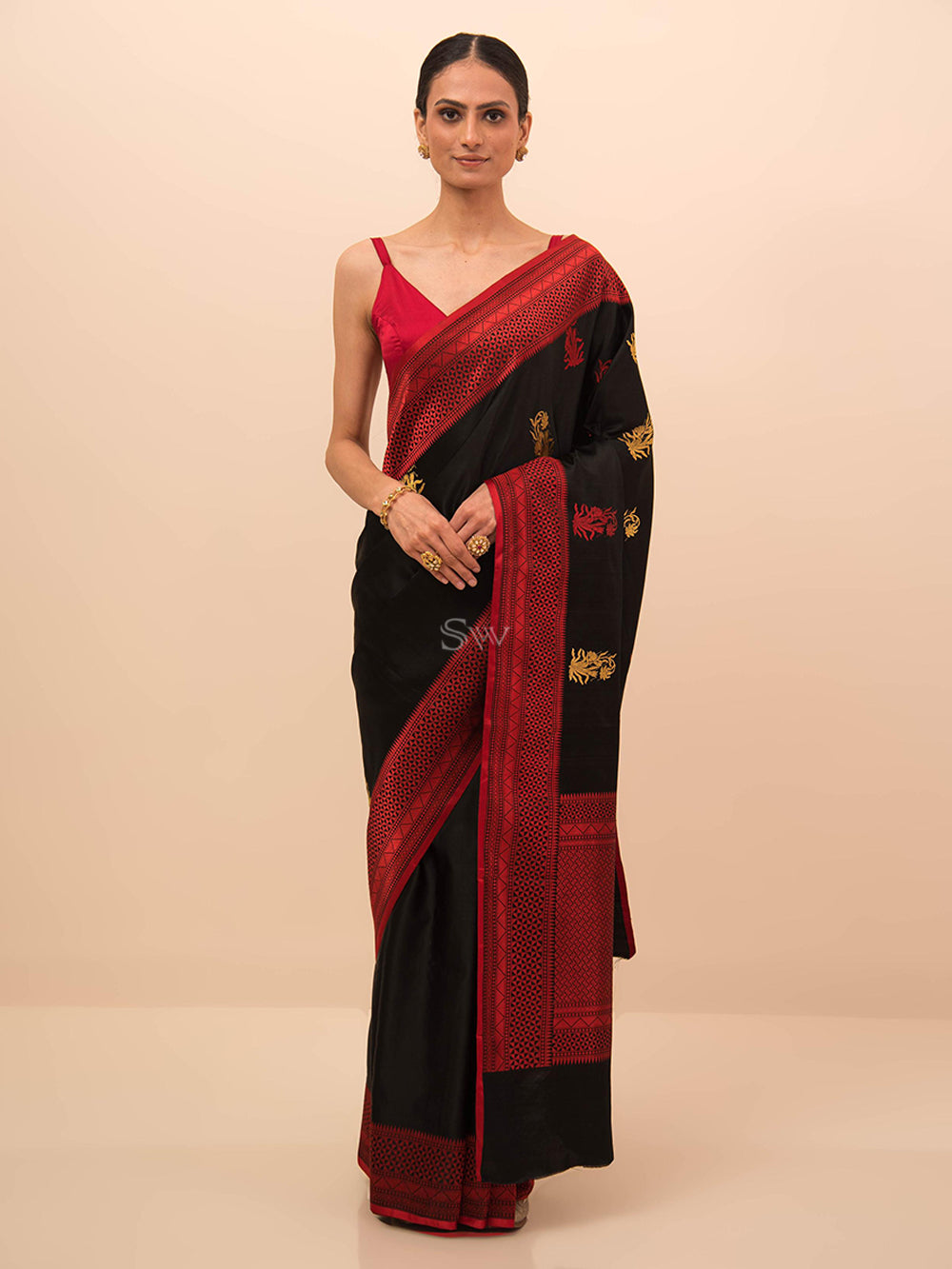 Black Boota Satin Silk Handloom Banarasi Saree - Sacred Weaves