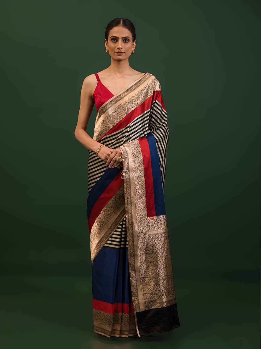 Blue Black Stripe Satin Silk Handloom Banarasi Saree - Sacred Weaves