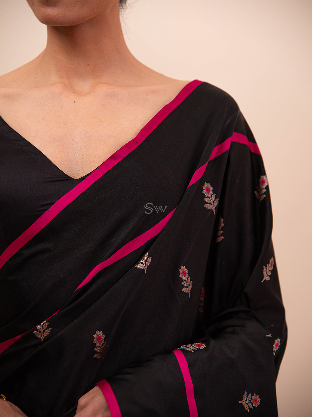 Black Booti Satin Silk Handloom Banarasi Saree - Sacred Weaves