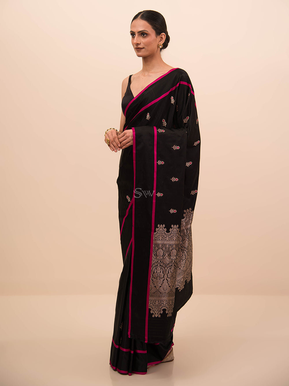 Black Booti Satin Silk Handloom Banarasi Saree - Sacred Weaves