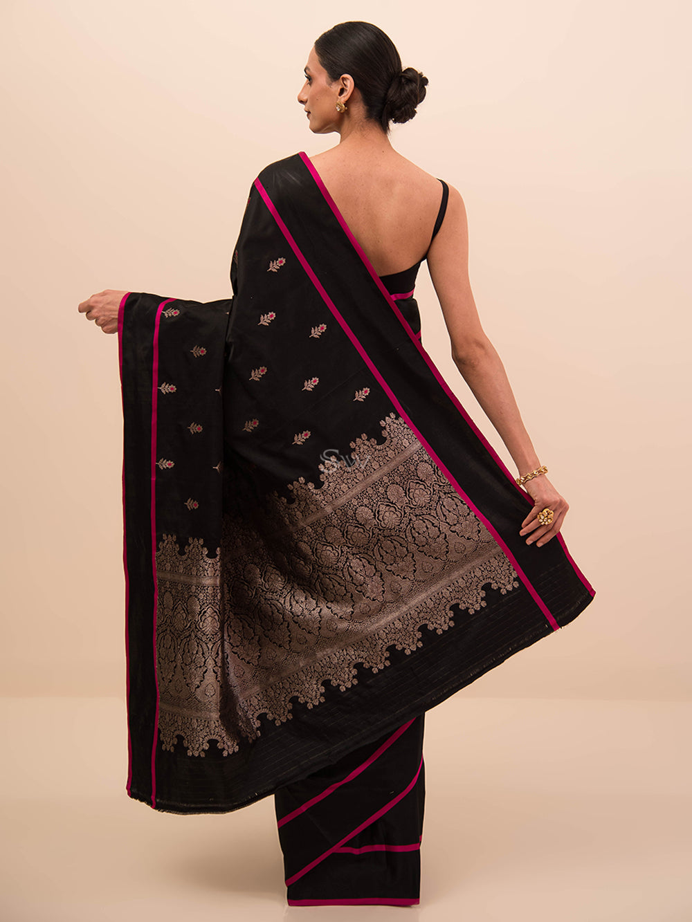 Black Booti Satin Silk Handloom Banarasi Saree - Sacred Weaves