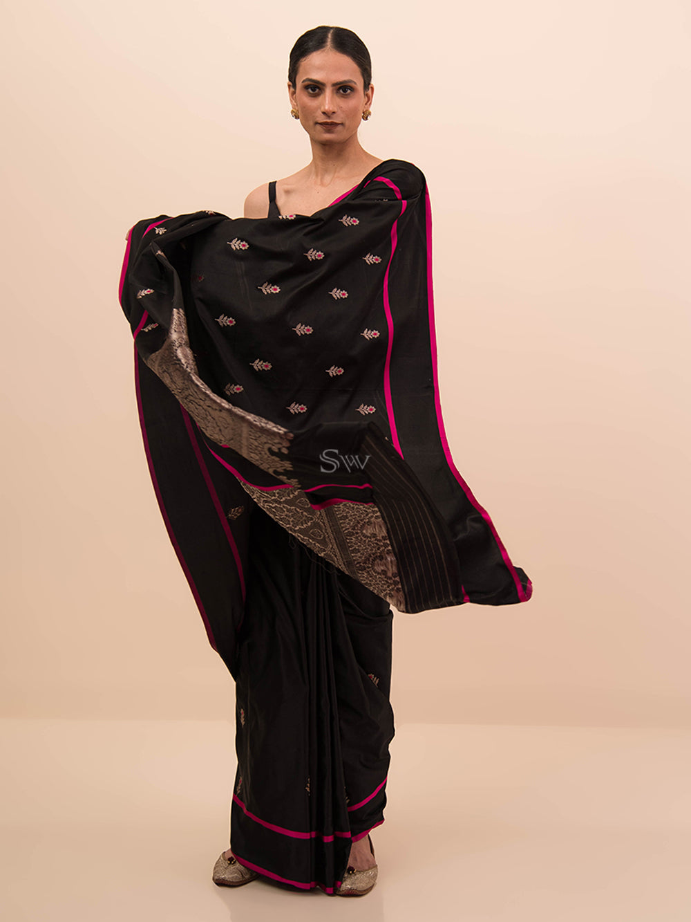 Black Booti Satin Silk Handloom Banarasi Saree - Sacred Weaves