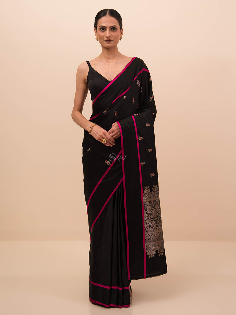 Black Booti Satin Silk Handloom Banarasi Saree - Sacred Weaves