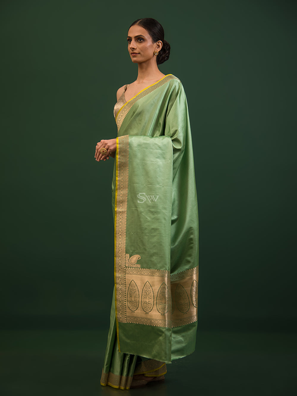 Pastel Green Konia Satin Silk Handloom Banarasi Saree - Sacred Weaves