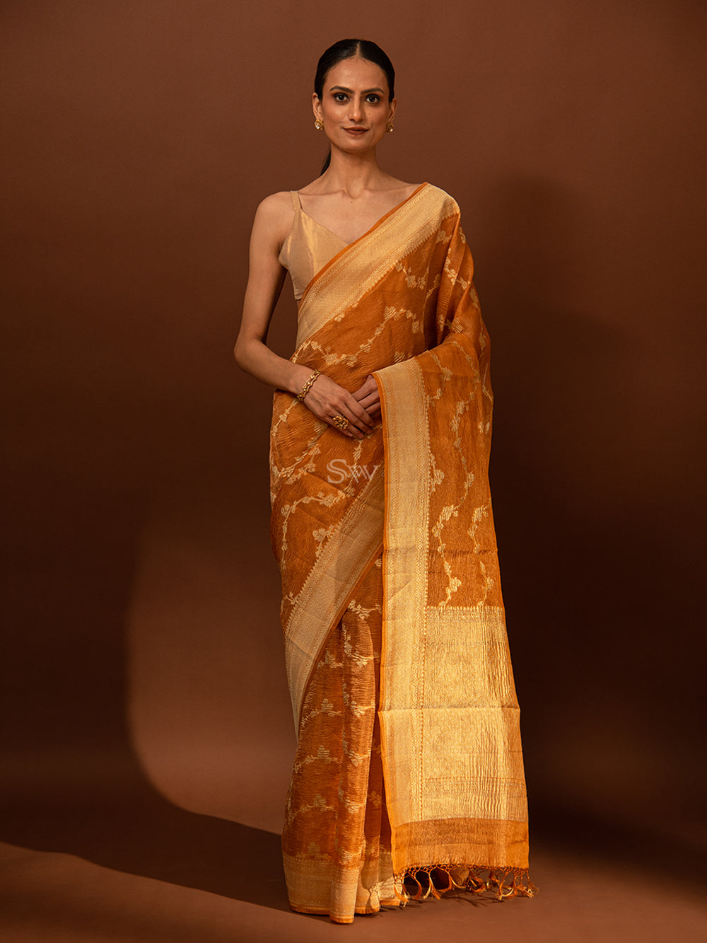 Dark Orange Jaal Crush Tissue Handloom Banarasi Saree - Sacred Weaves