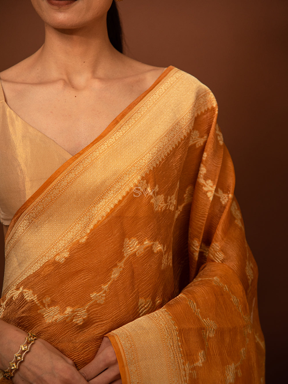 Dark Orange Jaal Crush Tissue Handloom Banarasi Saree - Sacred Weaves