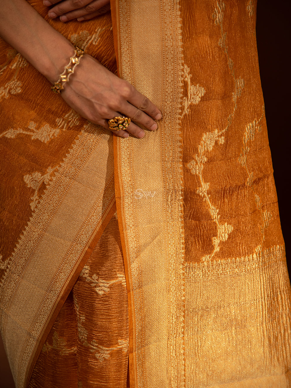 Dark Orange Jaal Crush Tissue Handloom Banarasi Saree - Sacred Weaves