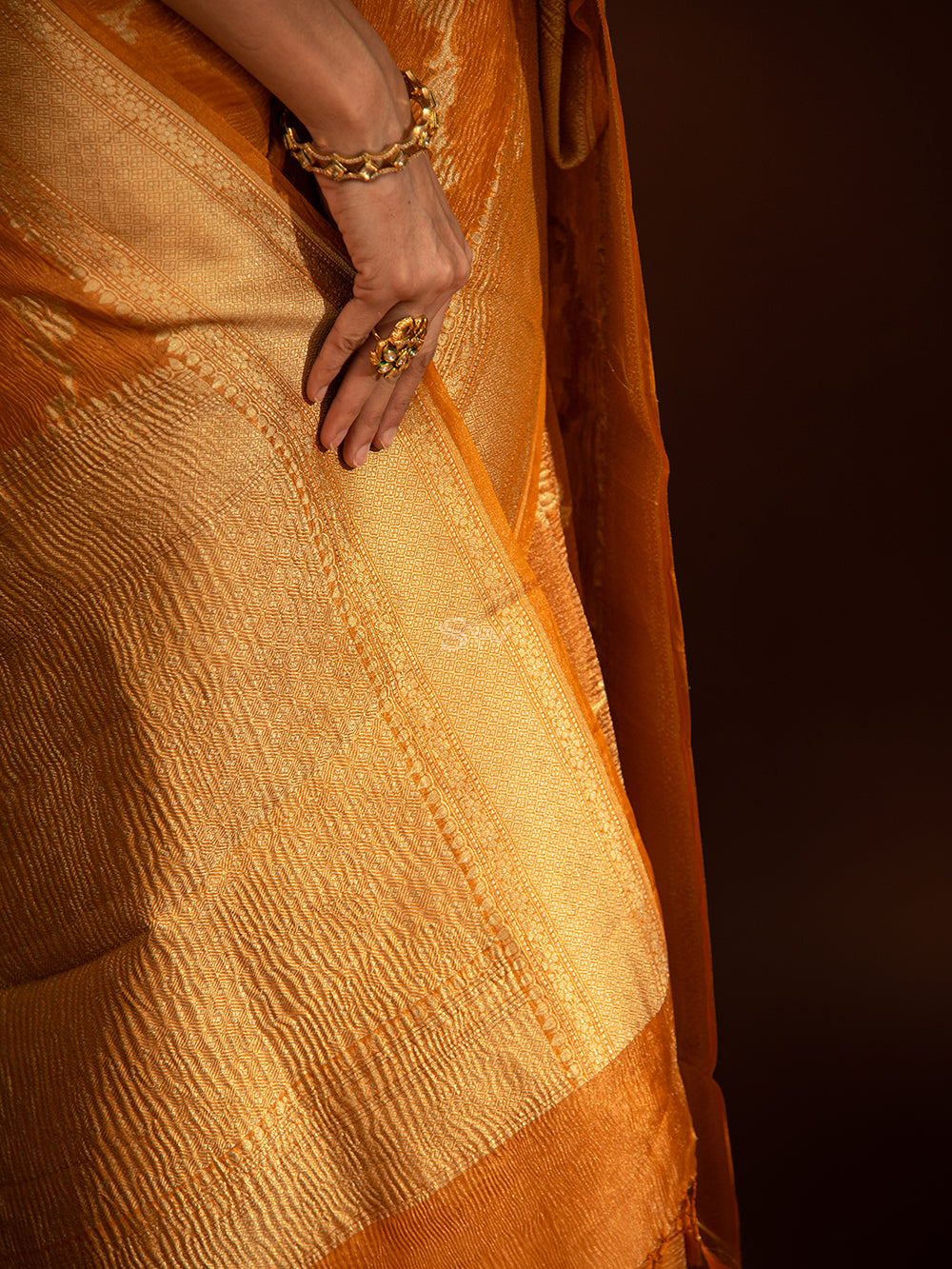 Dark Orange Jaal Crush Tissue Handloom Banarasi Saree - Sacred Weaves