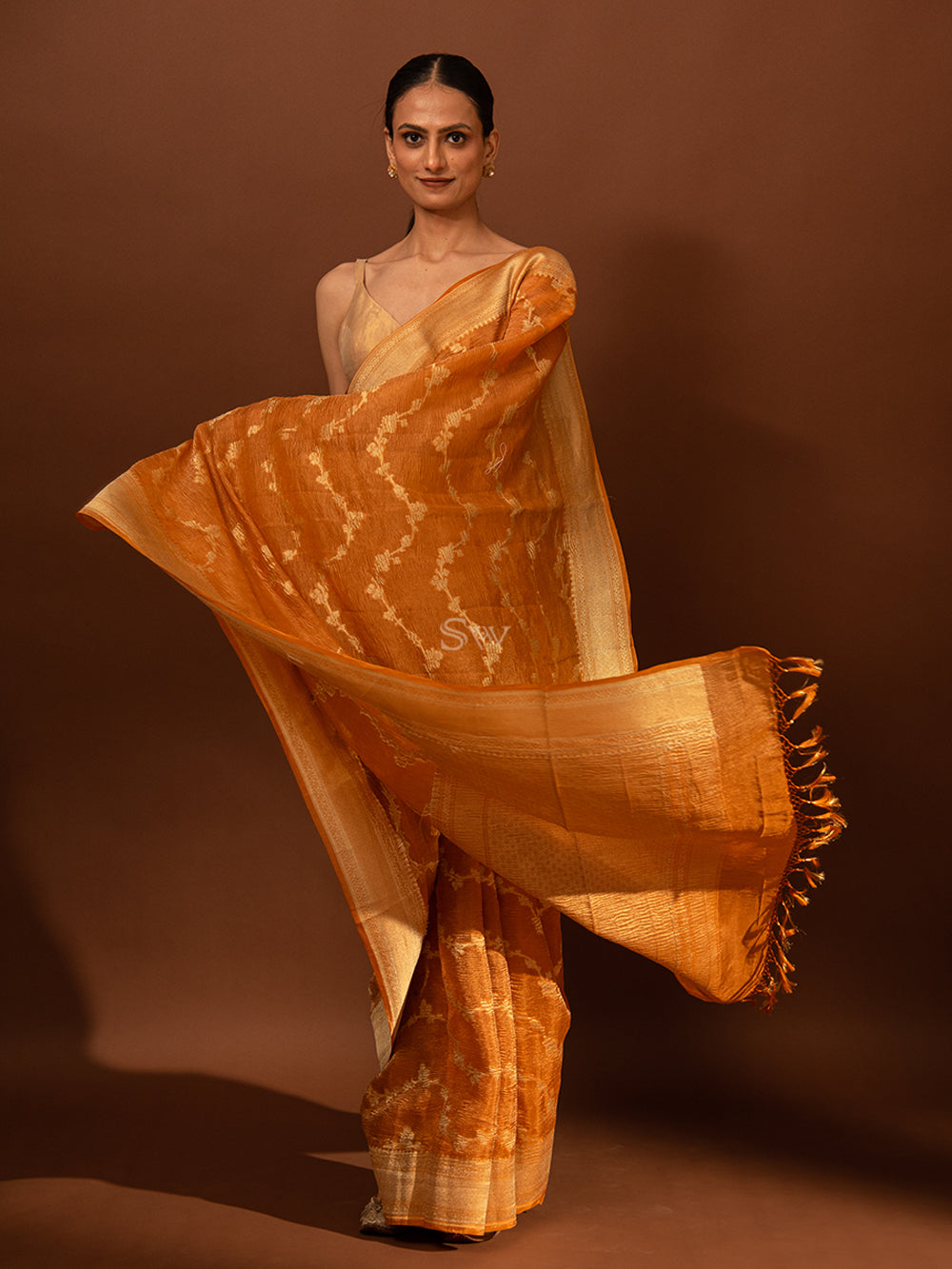Dark Orange Jaal Crush Tissue Handloom Banarasi Saree - Sacred Weaves