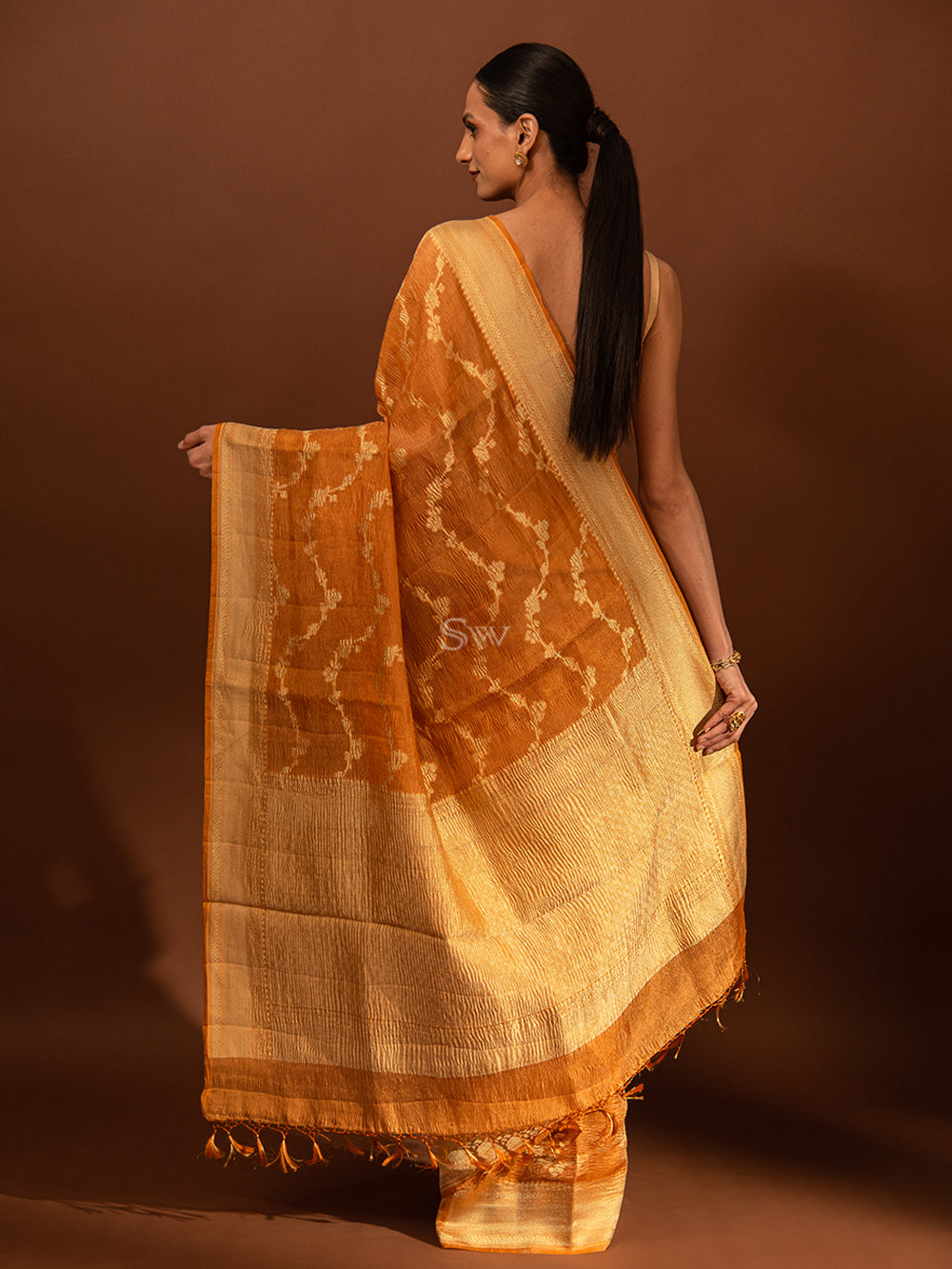 Dark Orange Jaal Crush Tissue Handloom Banarasi Saree - Sacred Weaves