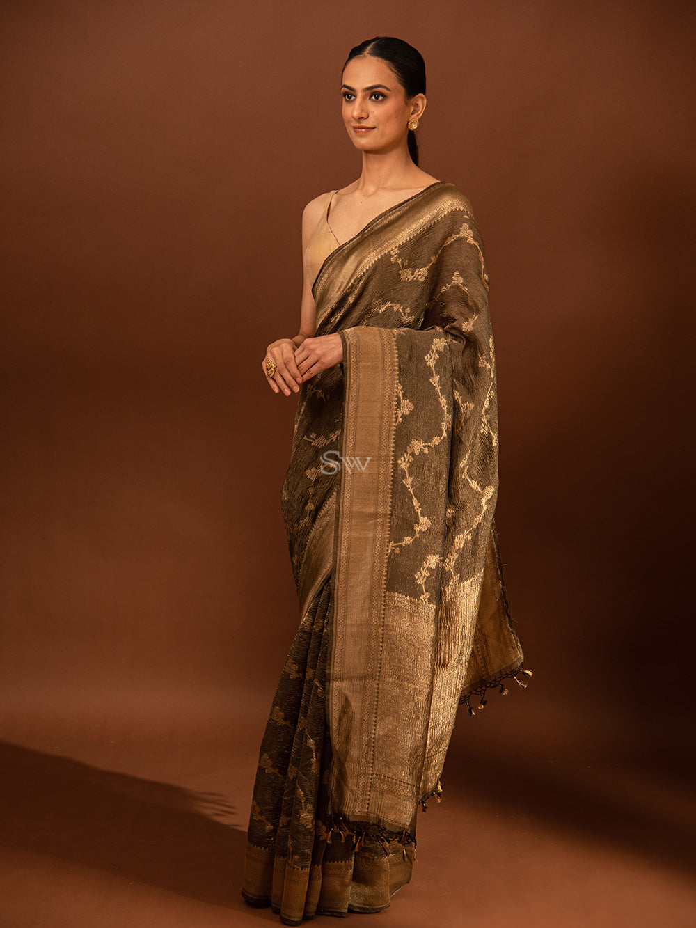 Black Jaal Crush Tissue Handloom Banarasi Saree - Sacred Weaves