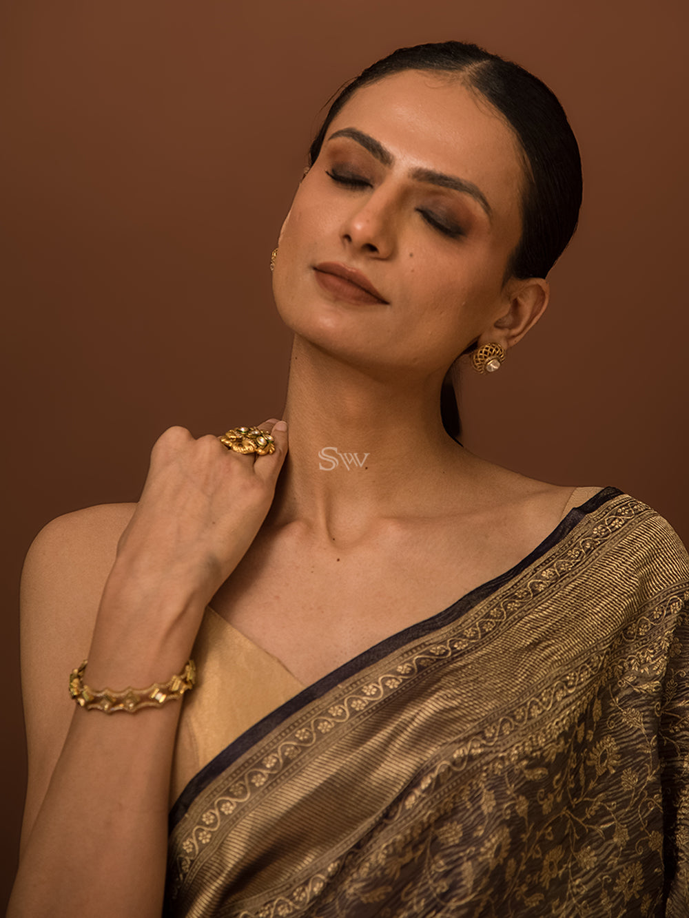 Navy Blue Gold Jaal Crush Tissue Handloom Banarasi Saree - Sacred Weaves
