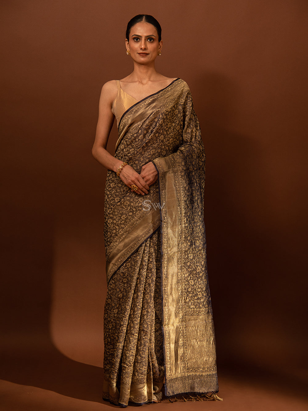 Navy Blue Gold Jaal Crush Tissue Handloom Banarasi Saree - Sacred Weaves