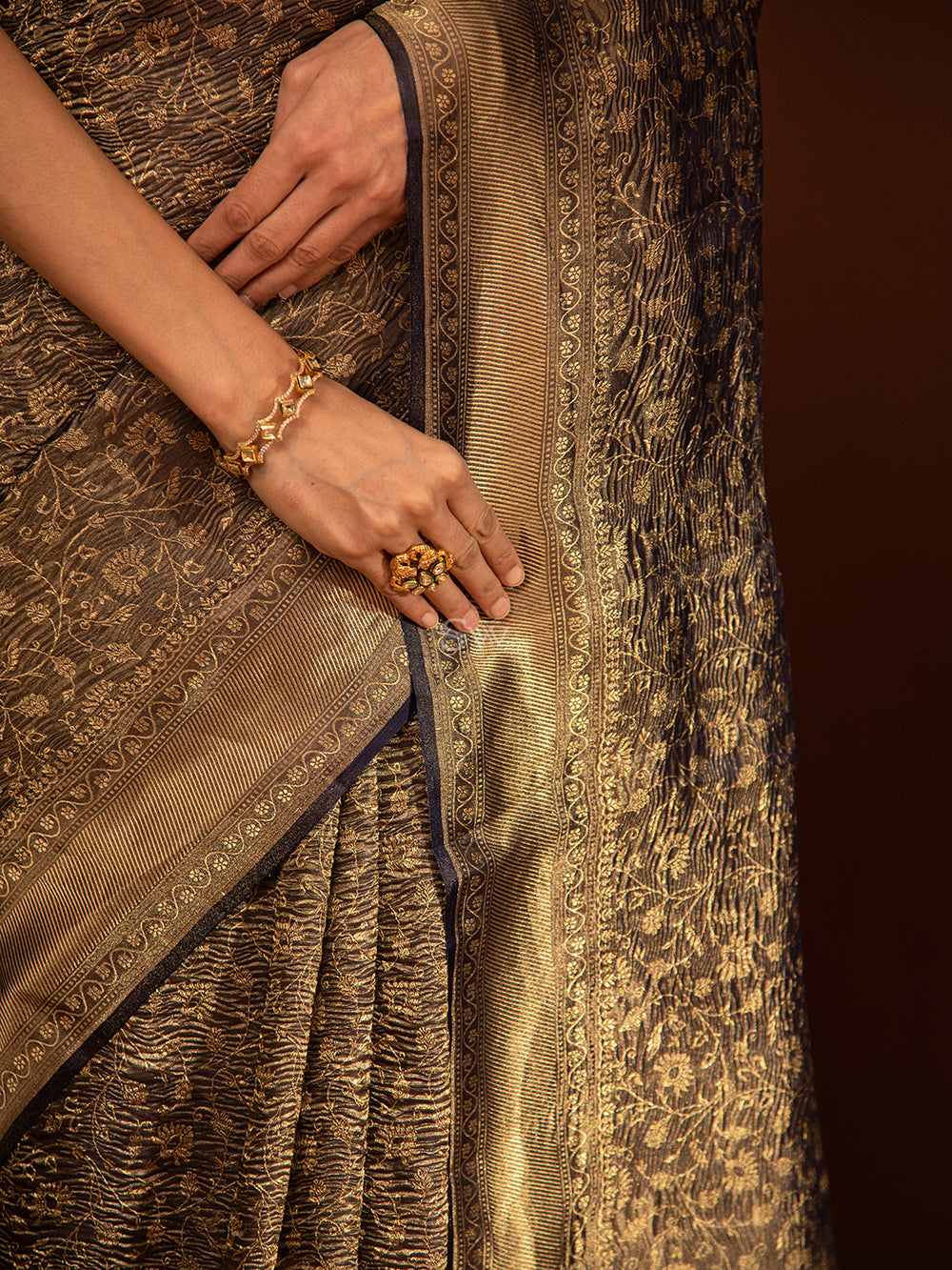 Navy Blue Gold Jaal Crush Tissue Handloom Banarasi Saree - Sacred Weaves