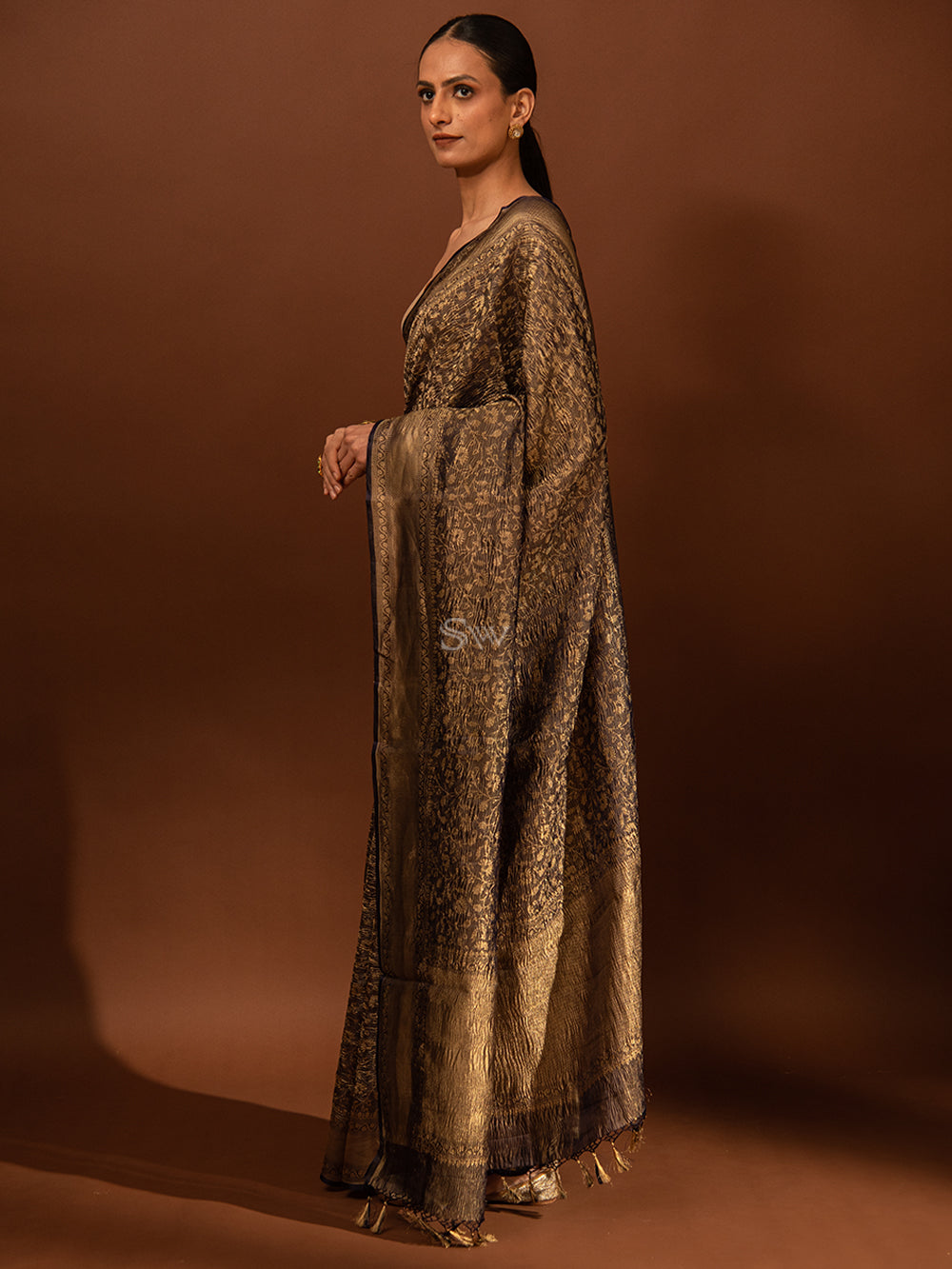 Navy Blue Gold Jaal Crush Tissue Handloom Banarasi Saree - Sacred Weaves