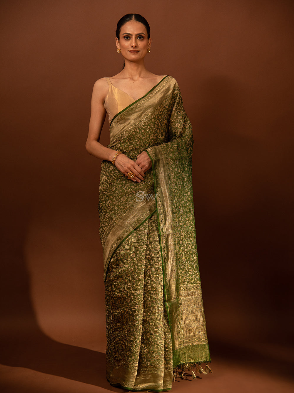 Bottle Green Gold Jaal Crush Tissue Handloom Banarasi Saree - Sacred Weaves