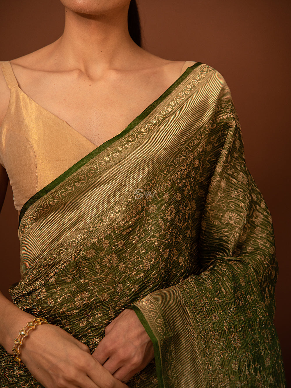 Bottle Green Gold Jaal Crush Tissue Handloom Banarasi Saree - Sacred Weaves
