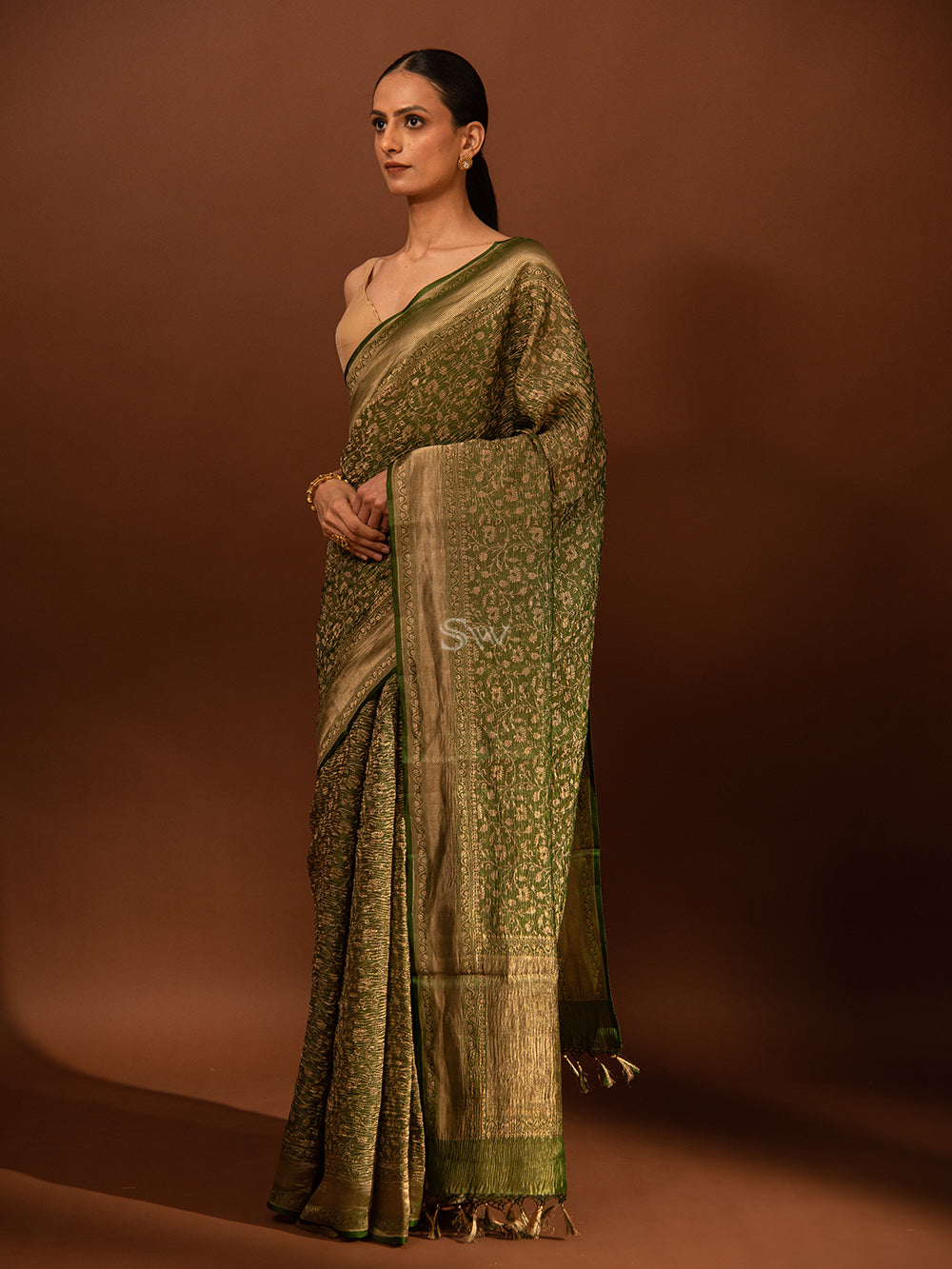 Bottle Green Gold Jaal Crush Tissue Handloom Banarasi Saree - Sacred Weaves