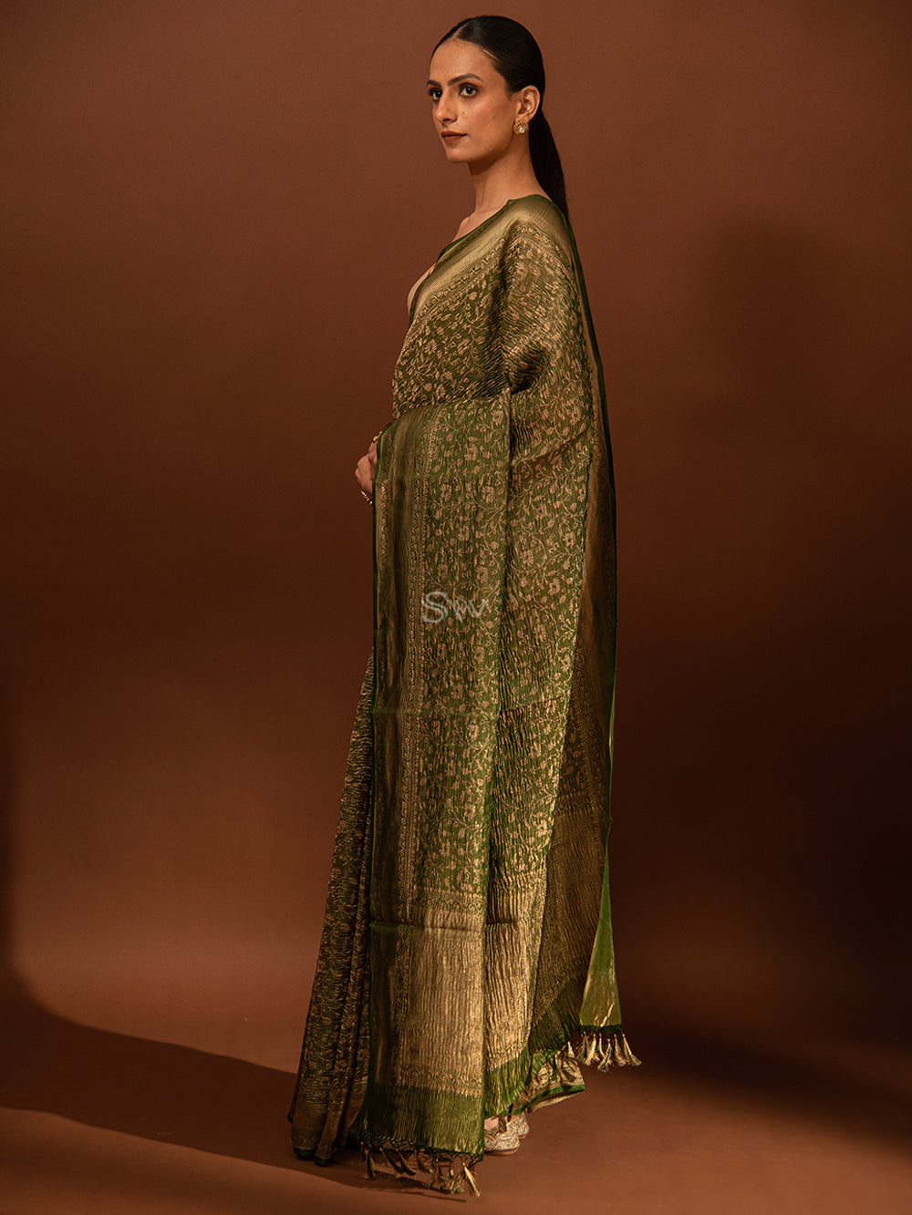 Bottle Green Gold Jaal Crush Tissue Handloom Banarasi Saree - Sacred Weaves