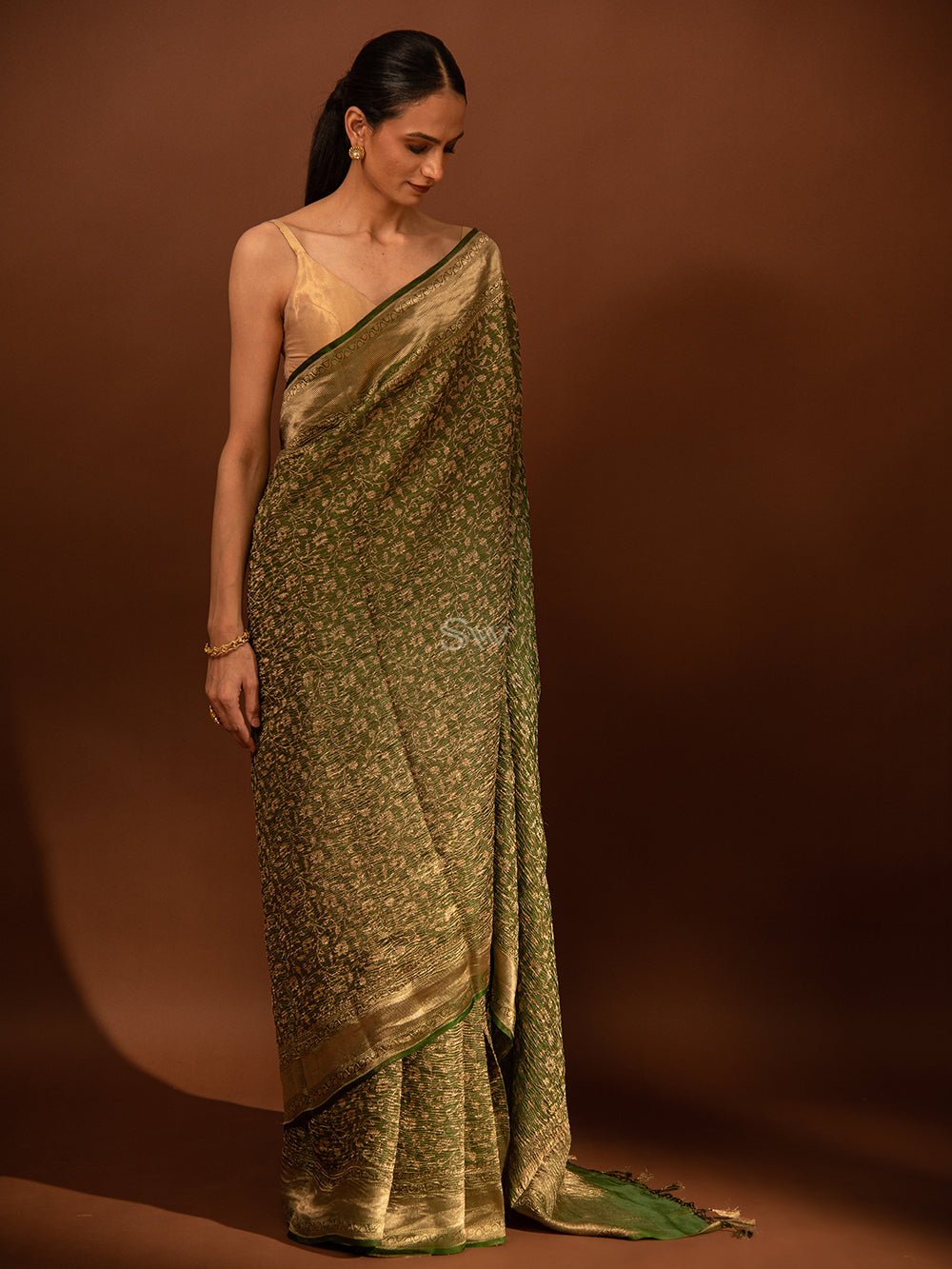 Bottle Green Gold Jaal Crush Tissue Handloom Banarasi Saree - Sacred Weaves