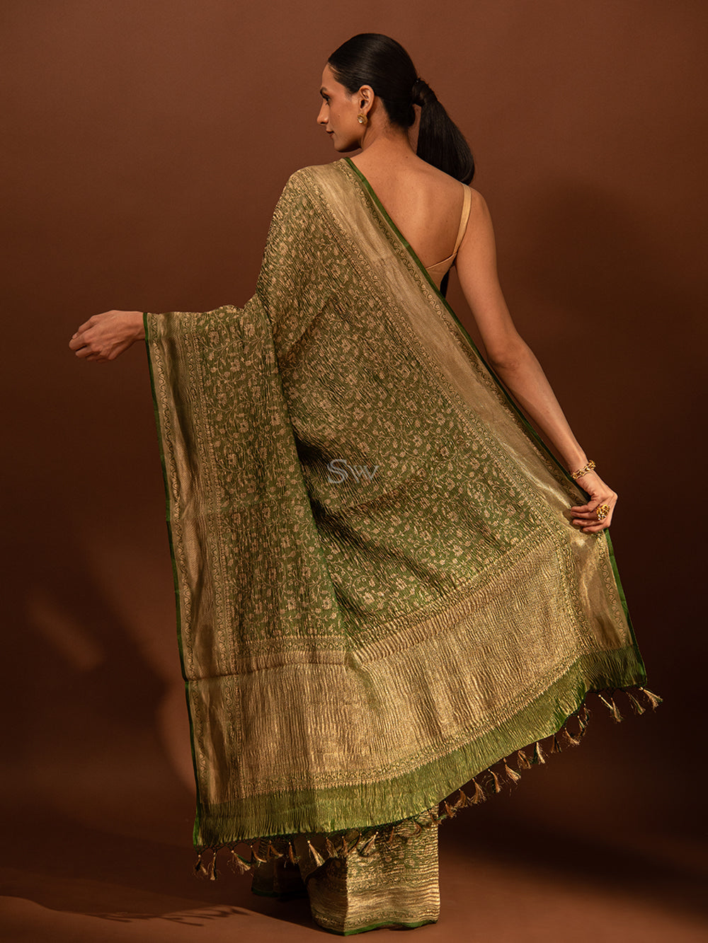 Bottle Green Gold Jaal Crush Tissue Handloom Banarasi Saree - Sacred Weaves