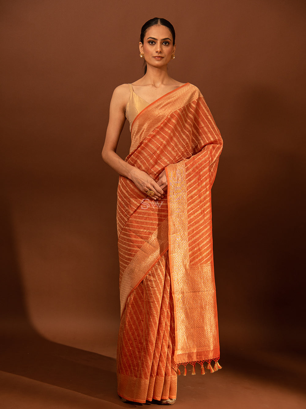 Pastel Rust Gold Stripe Crush Tissue Handloom Banarasi Saree - Sacred Weaves