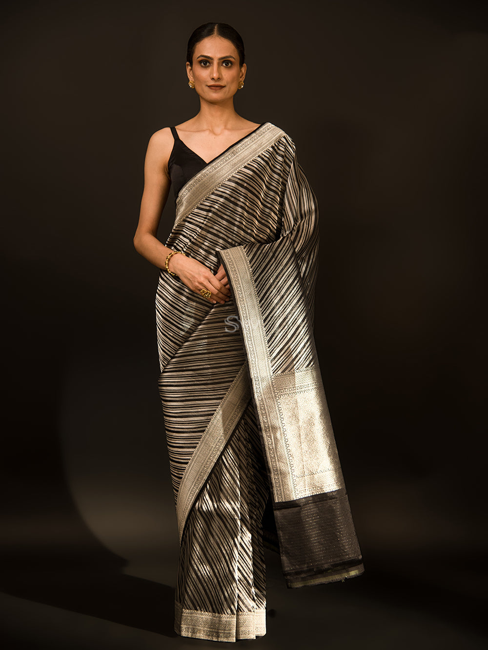 Black Stripe Katan Silk Handloom Banarasi Saree - Sacred Weaves