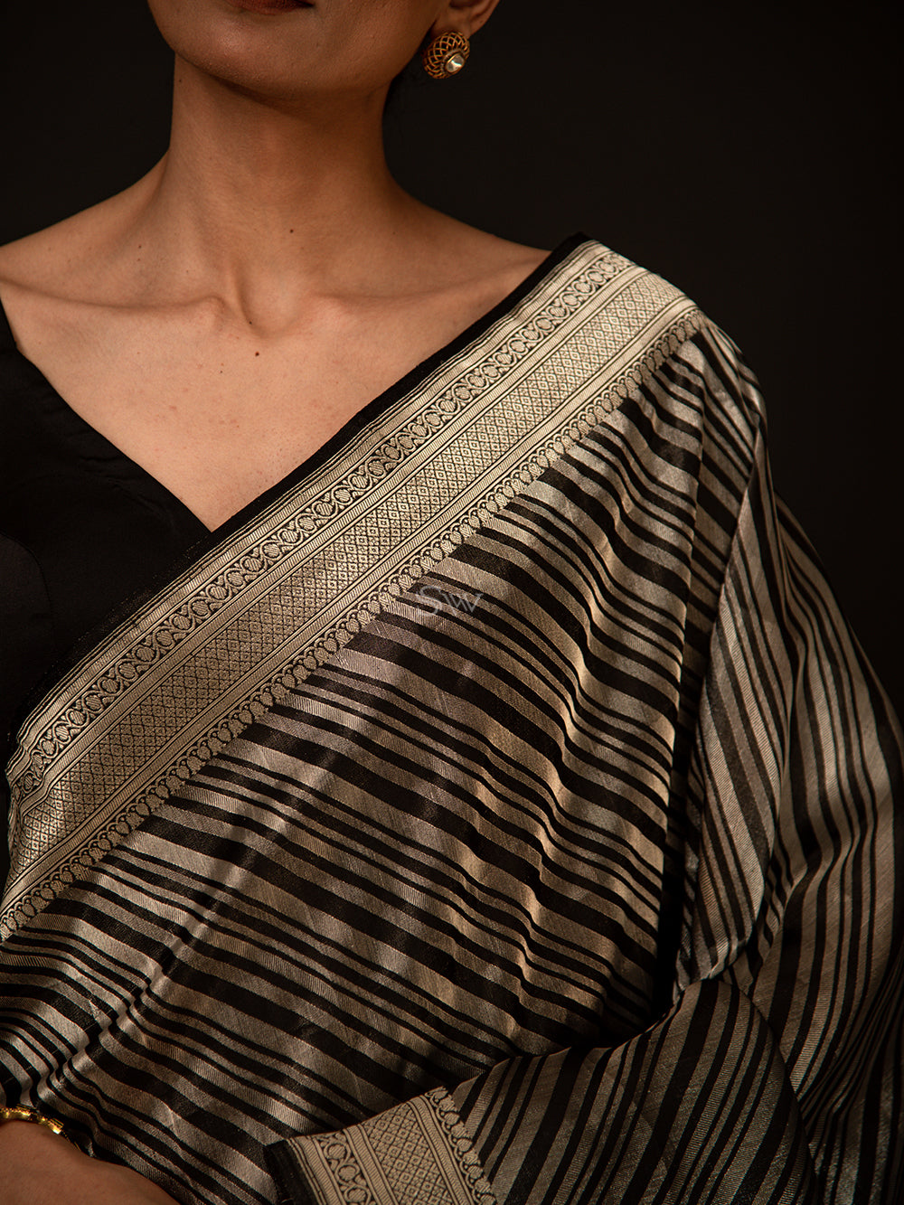 Black Stripe Katan Silk Handloom Banarasi Saree - Sacred Weaves