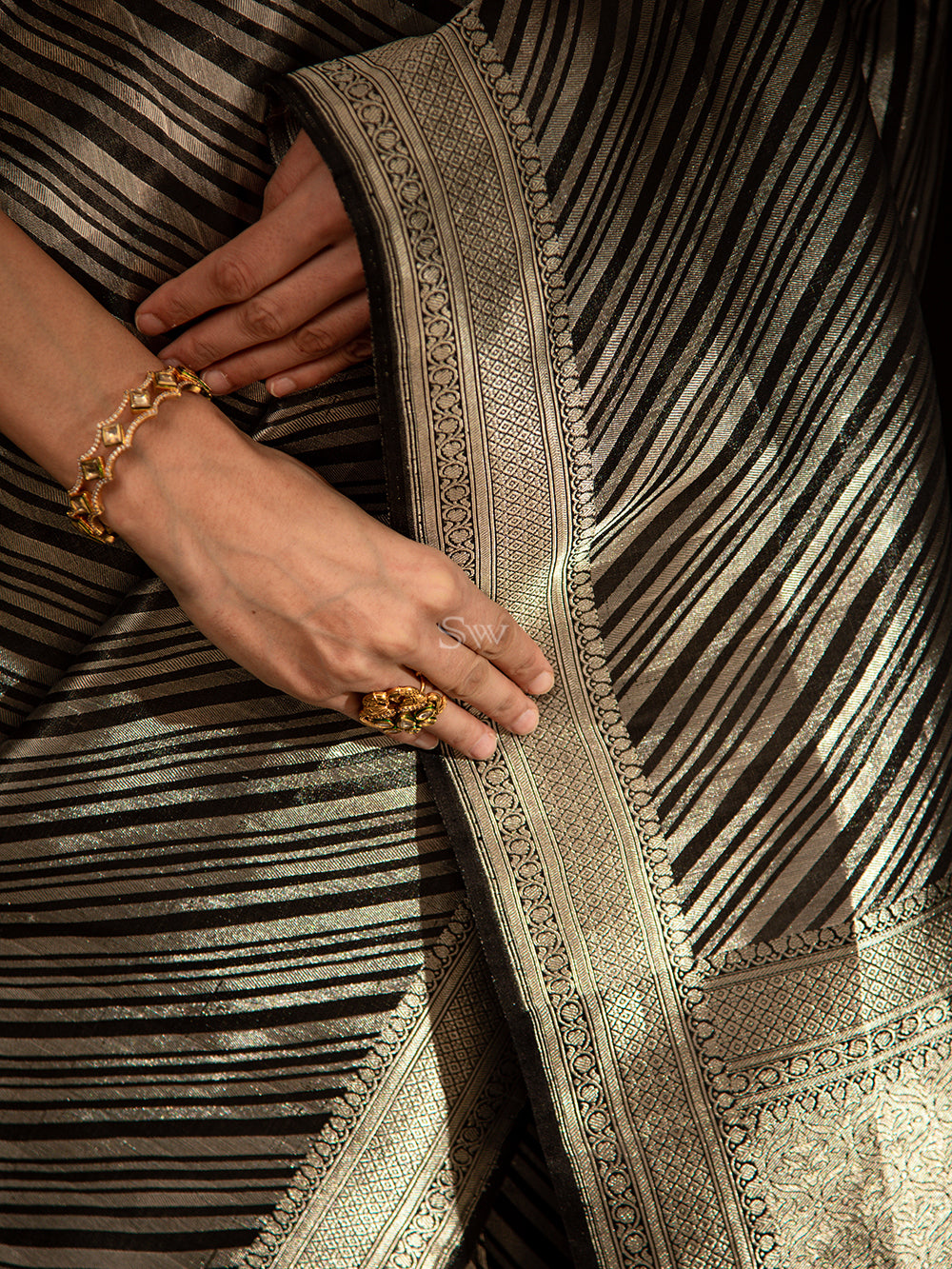 Black Stripe Katan Silk Handloom Banarasi Saree - Sacred Weaves