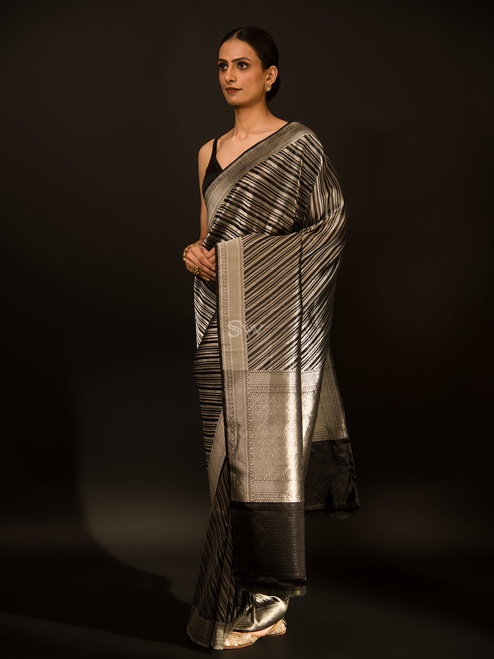 Black Stripe Katan Silk Handloom Banarasi Saree - Sacred Weaves